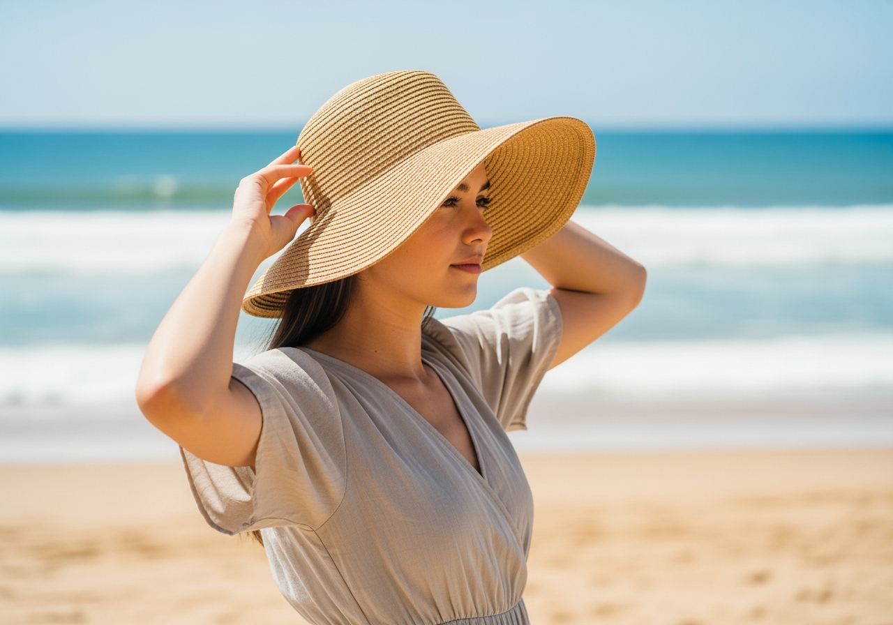 Młoda kobieta w słomkowym kapeluszu i letniej sukience na plaży w naturalnym świetle słonecznym