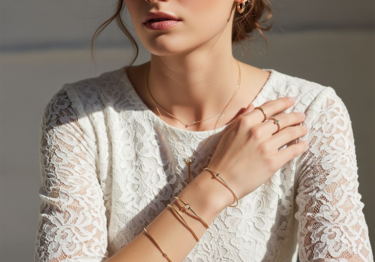 Kobieta w białej koronkowej sukni z minimalistyczną złotą biżuterią na rozmytym tle.