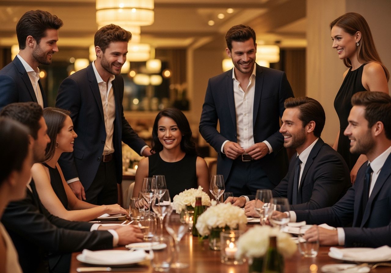 Grupa profesjonalistów rozmawia podczas kolacji w nowoczesnej restauracji przy eleganckim stole.