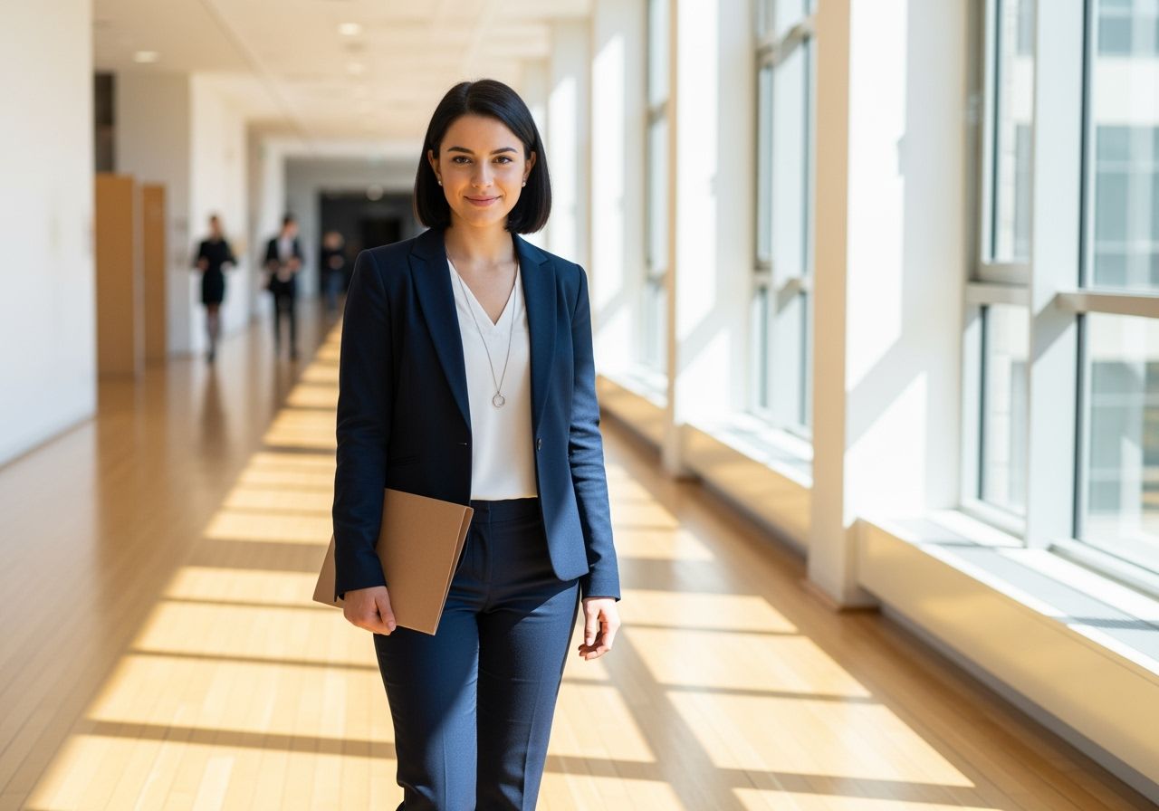 Profesjonalna kobieta w granatowym garniturze z teczką stoi w jasnym korytarzu uczelni.