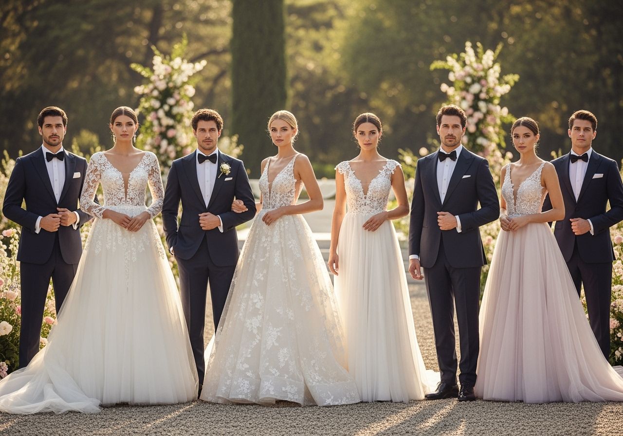 Zdjęcie eleganckich par młodych w ślubnych strojach na tle ogrodu w naturalnym świetle.