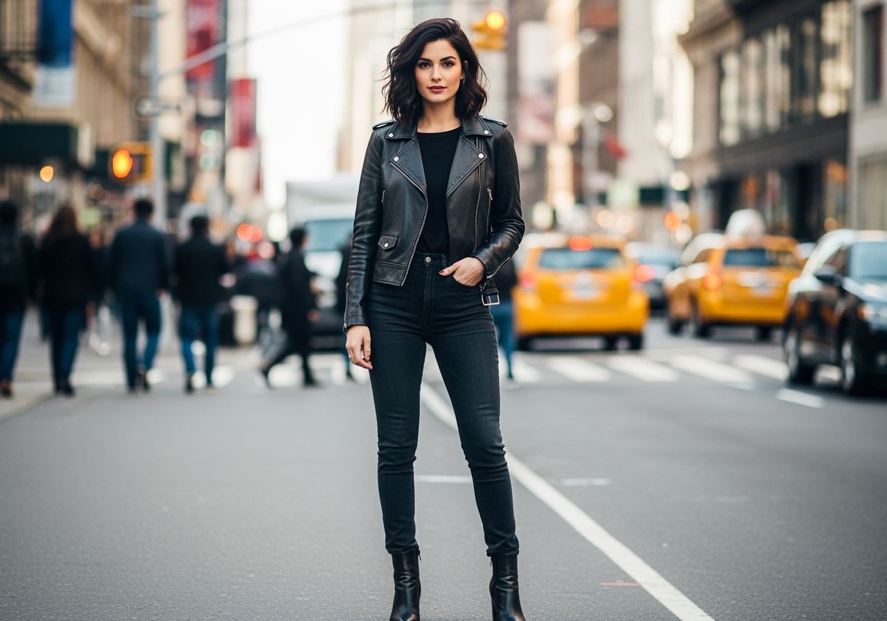 Kobieta w czarnej skórzanej kurtce na miejskiej ulicy, naturalne światło, styl casual, pełna sylwetka, 4:3
