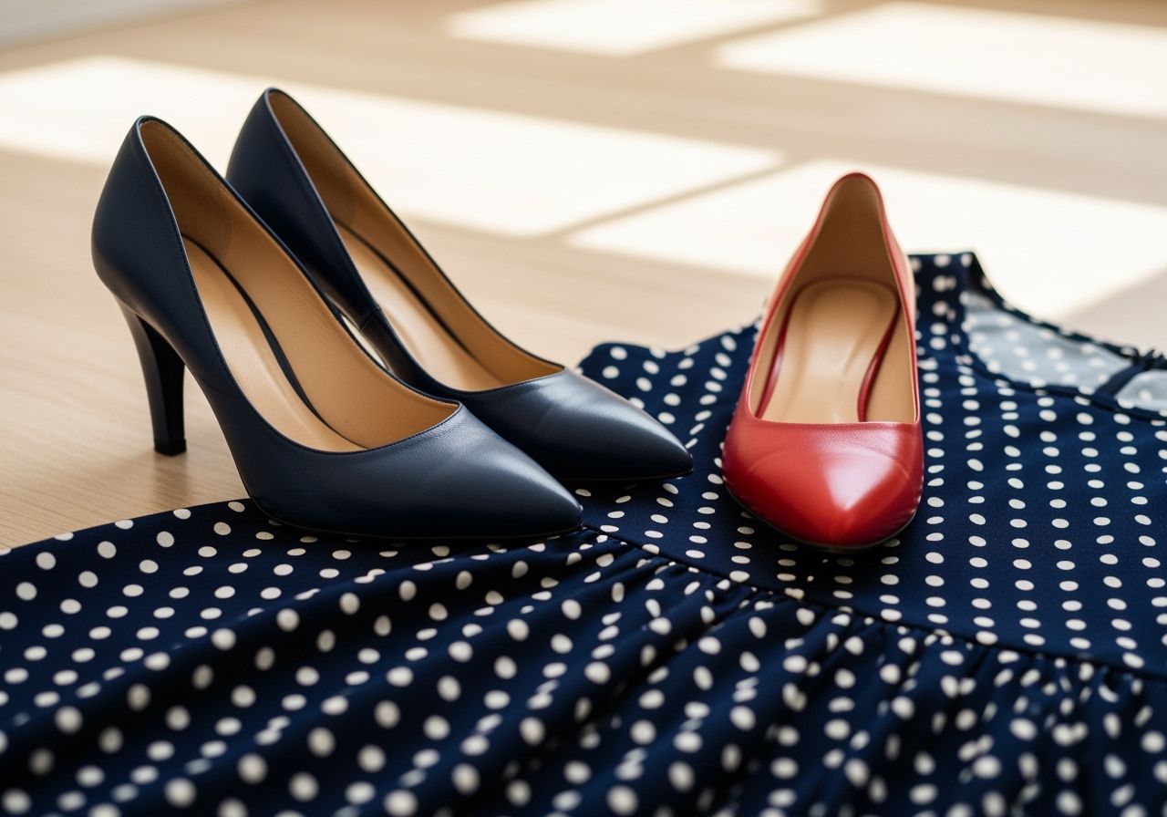 Para eleganckich butów w kolorze granatowym, białym i czerwonym obok granatowej sukienki w kropki na drewnianej podłodze