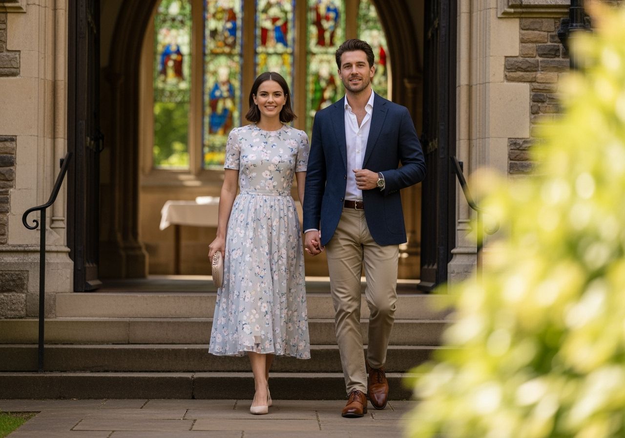 Młoda para wychodzi z tradycyjnego kościoła w słoneczny dzień, uśmiechnięci na tle schodów i witraży.