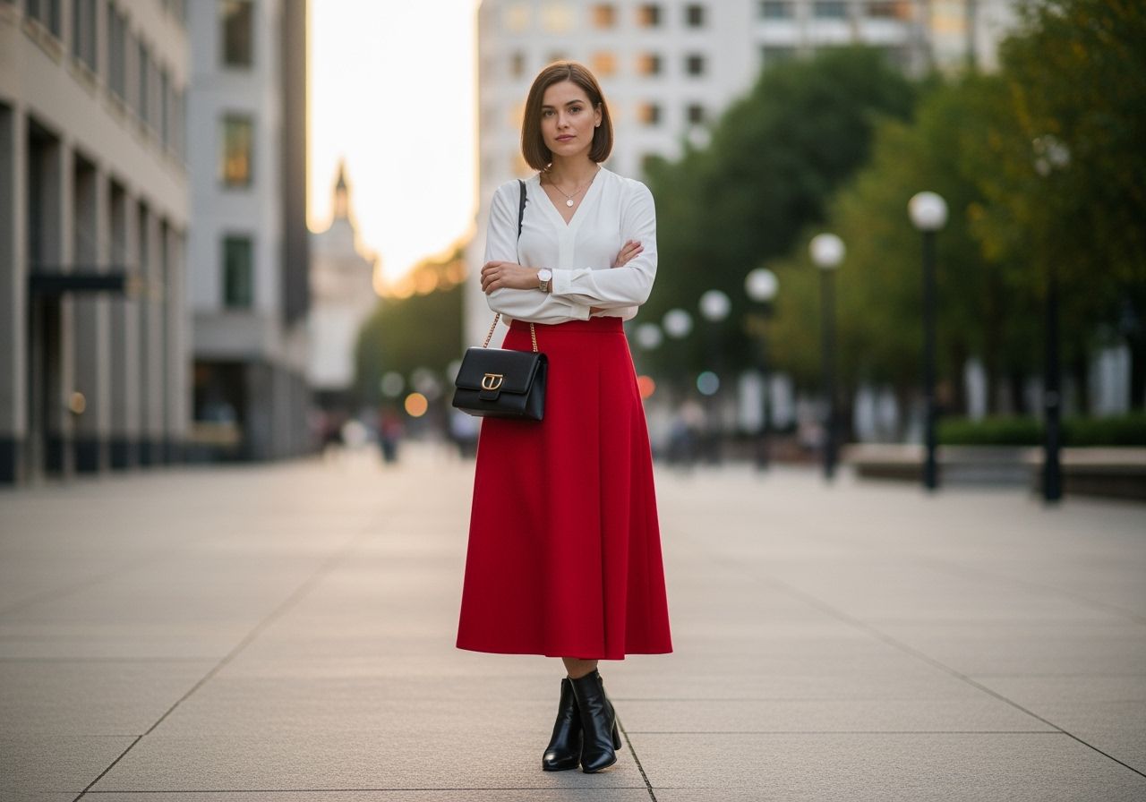 Kobieta w czerwonej spódnicy i białej bluzce stoi w miejskim otoczeniu oświetlona ciepłym światłem.