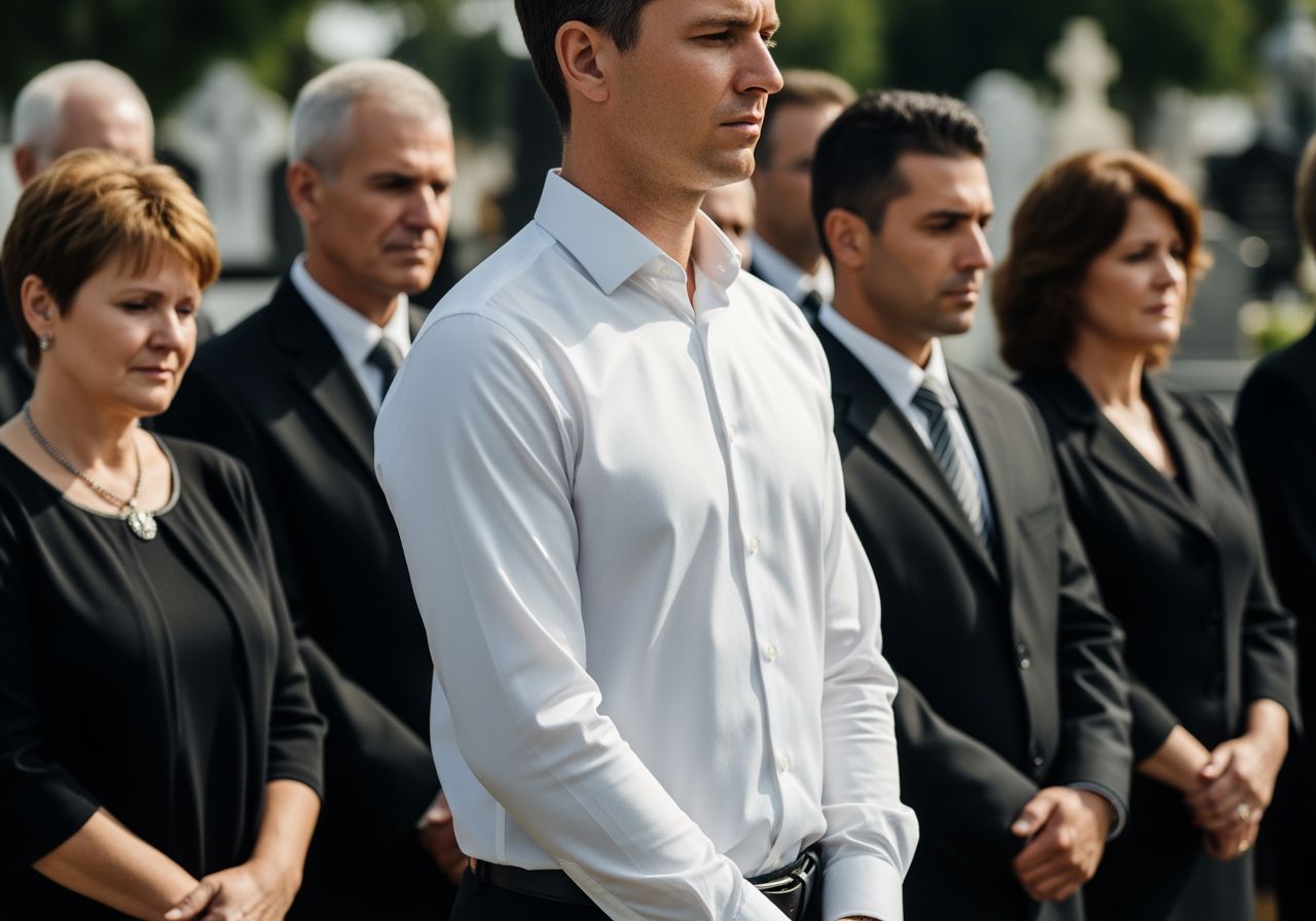 Osoba w białej koszuli stoi wśród osób w czarnych ubraniach na cmentarzu podczas ceremonii pogrzebowej.