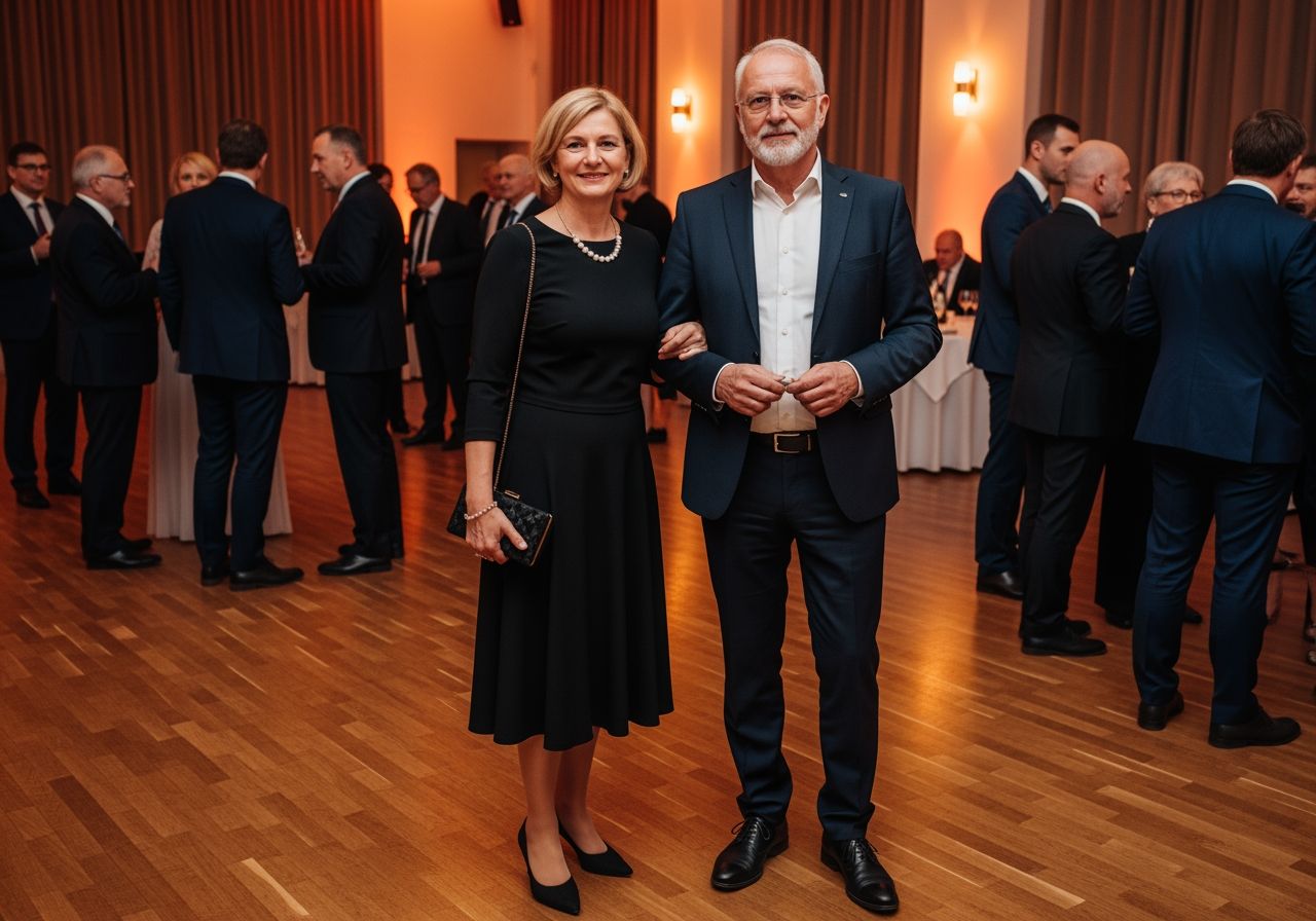 Elegancko ubrany mężczyzna i kobieta stoją w nowoczesnej sali bankietowej podczas formalnej uroczystości