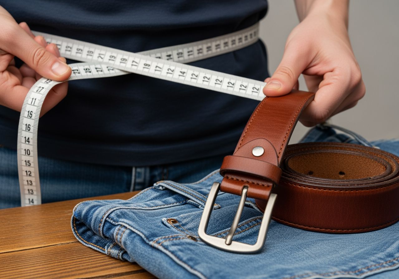 Osoba mierzy talię centymetrem obok paska i jeansów na drewnianym stole w naturalnym świetle.