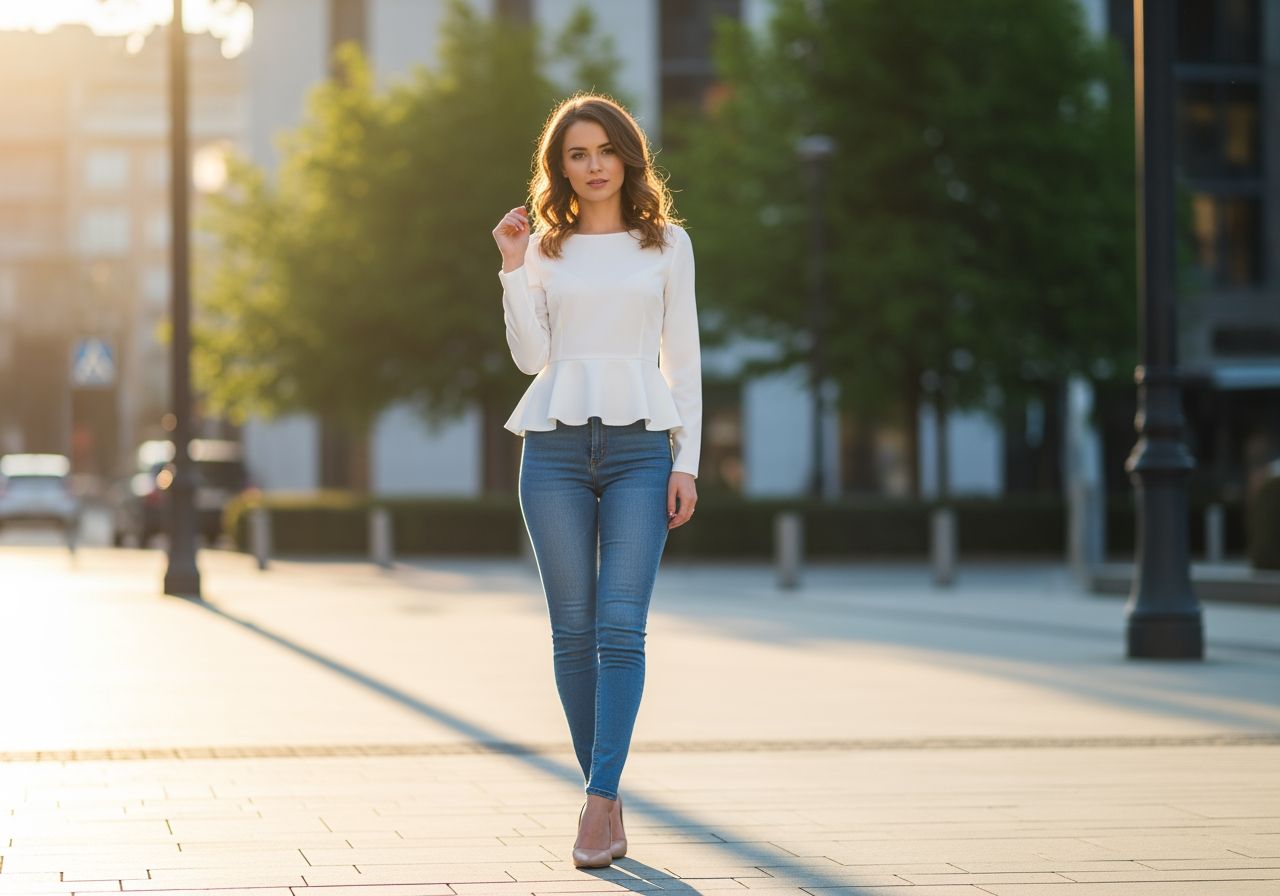 Młoda kobieta w białej bluzce i dżinsach stoi na miejskiej ulicy oświetlonej zachodzącym słońcem.