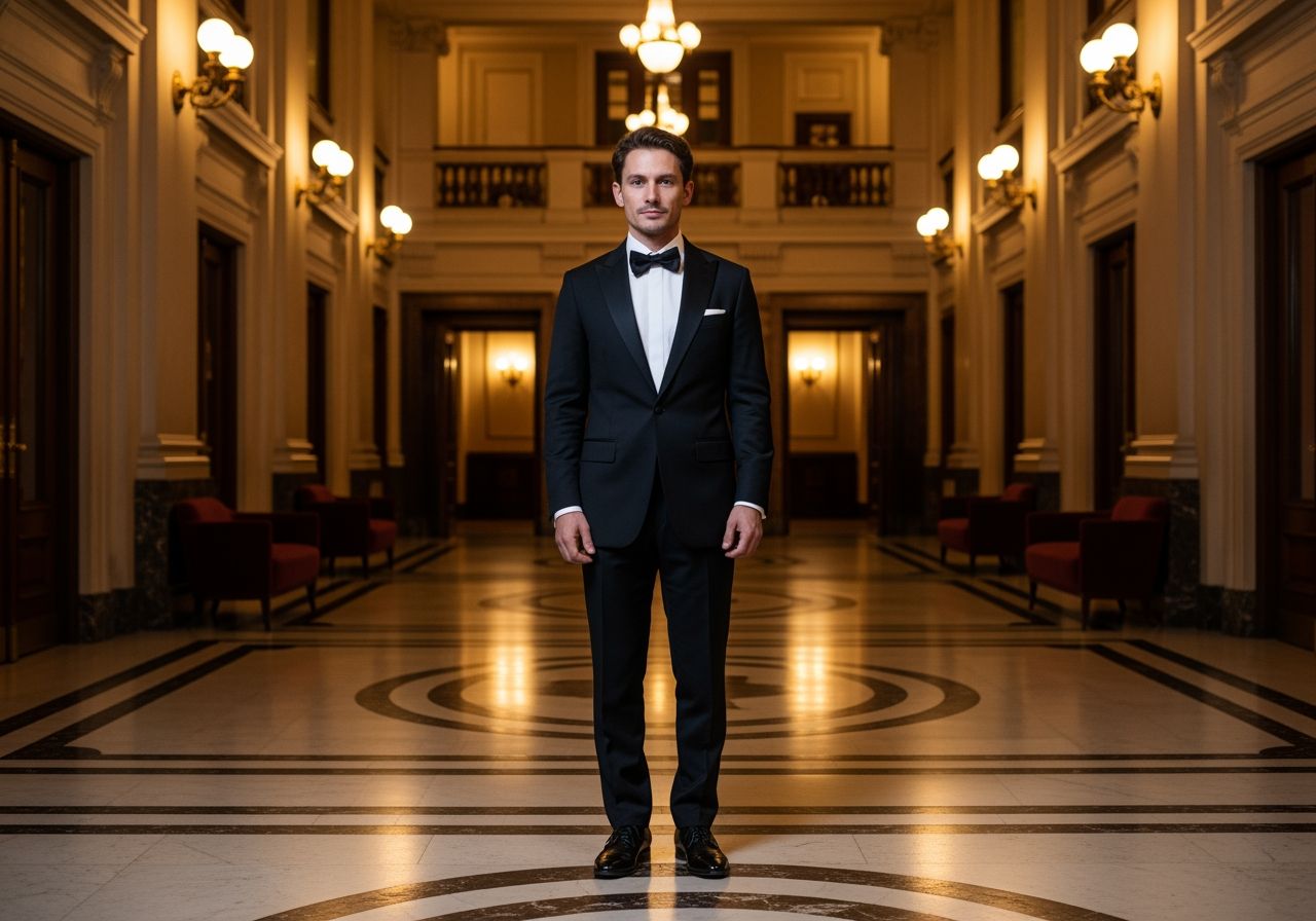Mężczyzna w czarnym smokingu stoi pewnie w holu filharmonii o marmurowej podłodze.