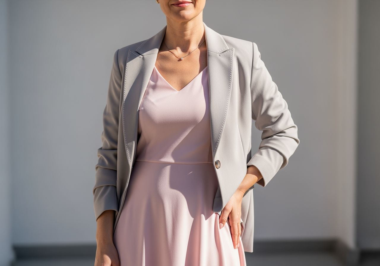 Kobieta w pudrowej sukience i eleganckim żakiecie na neutralnym tle, ujęcie od pasa w górę.