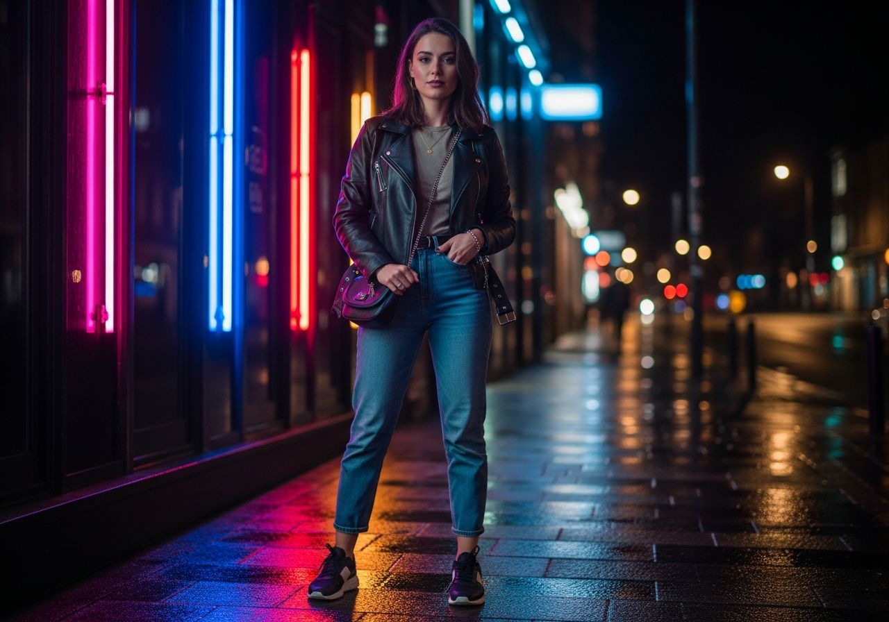 Młoda kobieta w modnym ubraniu stoi przed klubem nocnym przy mokrej ulicy i neonowych światłach.