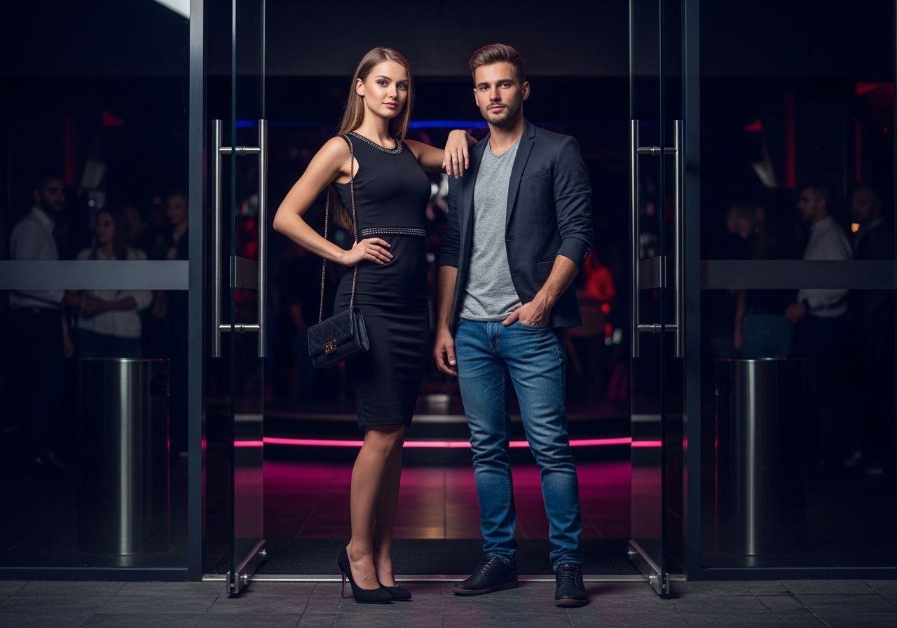 Młoda para stoi pewnie przed klubem nocnym w modnych ubraniach, oświetlona kolorowym światłem.