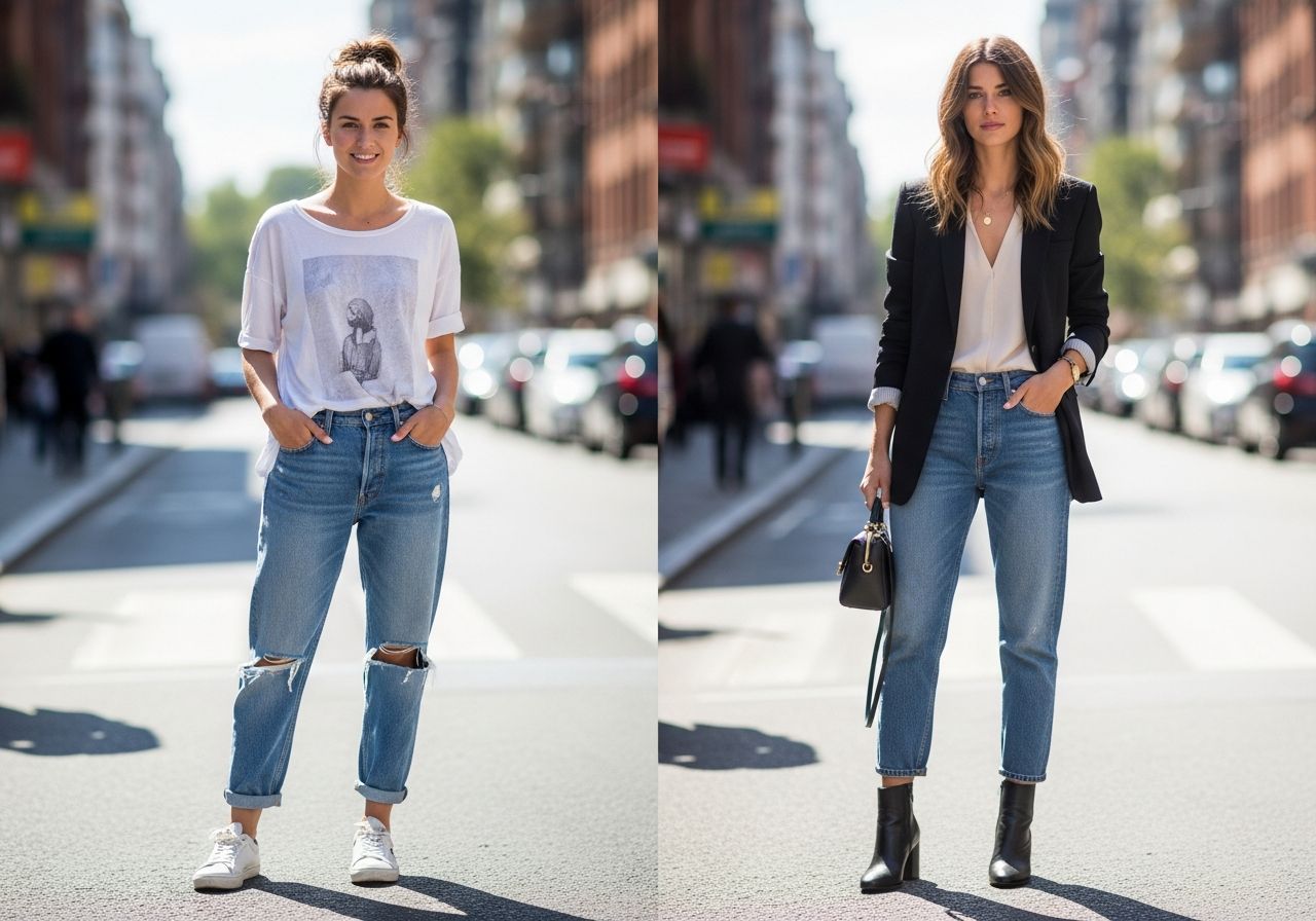 Młoda kobieta na ulicy w boyfriend jeans, dwa stylizacje: casual ze sneakersami i smart casual z marynarką.