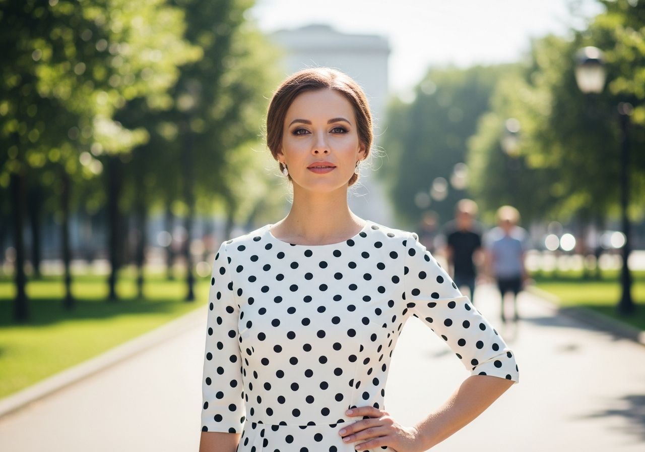 Kobieta w białej sukience w czarne grochy stoi w parku na tle rozmytej zieleni i ludzi