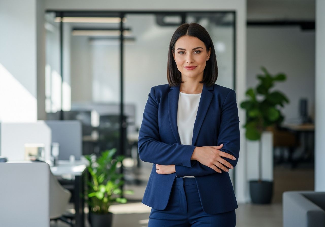 Profesjonalna kobieta w granatowej marynarce i białej koszuli w nowoczesnym biurze