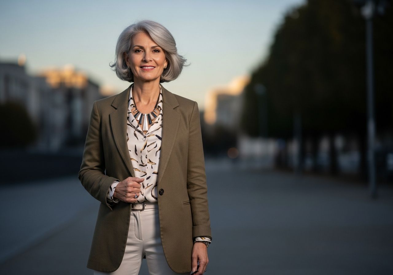 Elegancka kobieta po pięćdziesiątce z siwymi włosami w nowoczesnym stroju na tle miejskim ze zielenią