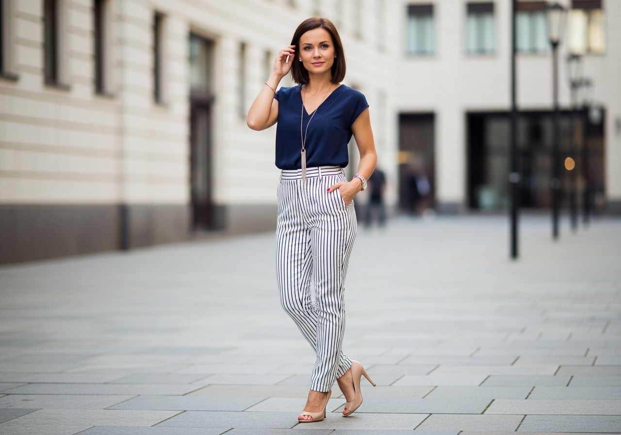 Kobieta w eleganckich paskowanych spodniach i bluzce w miejskim stylu na rozmytym tle
