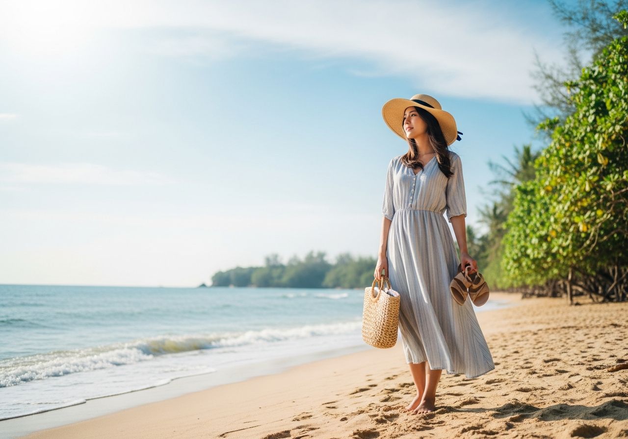 Młoda kobieta na plaży w letniej sukience i kapeluszu trzyma torbę i sandały przy błękitnym niebie.
