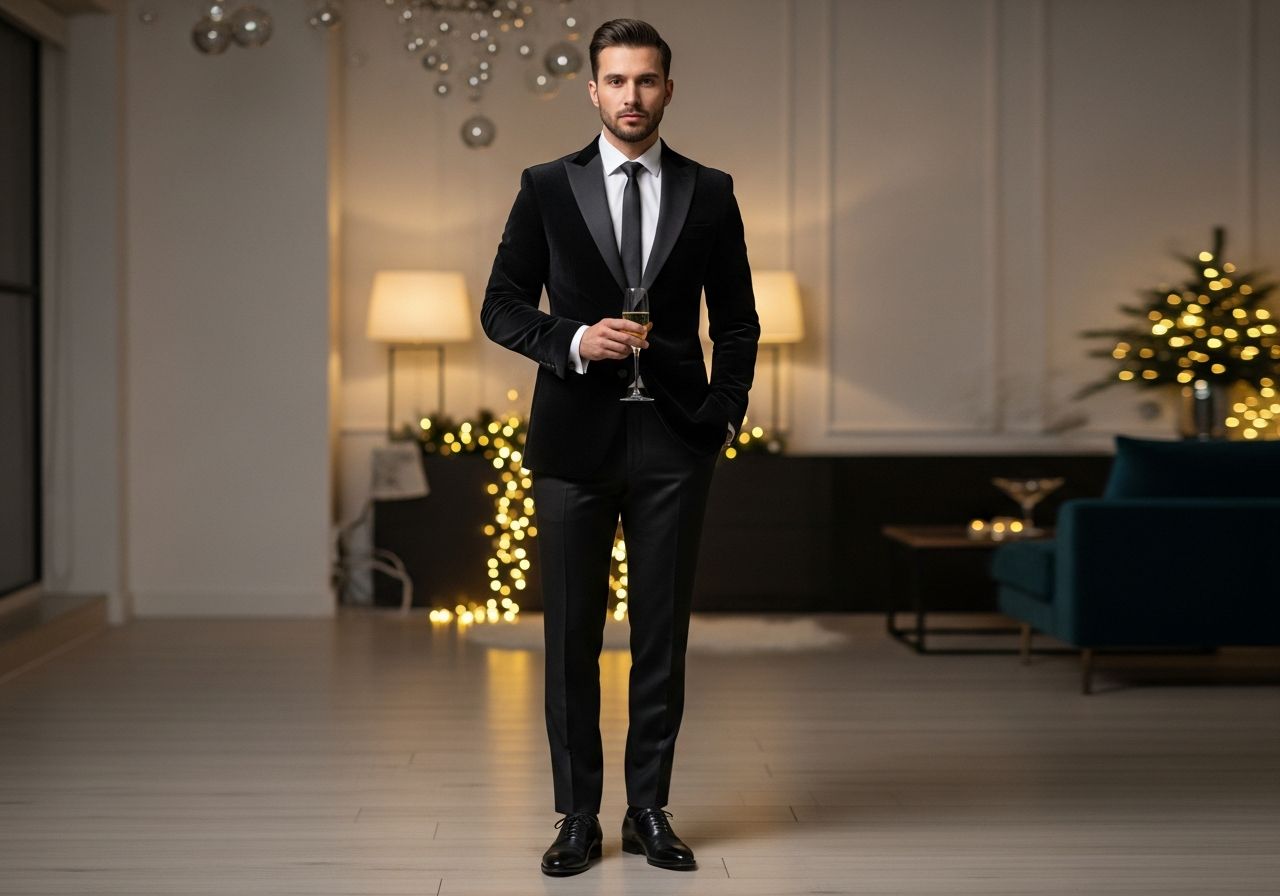 Mężczyzna w czarnym garniturze na sylwestrowej imprezie w eleganckim salonie z lampkami i szampanem.