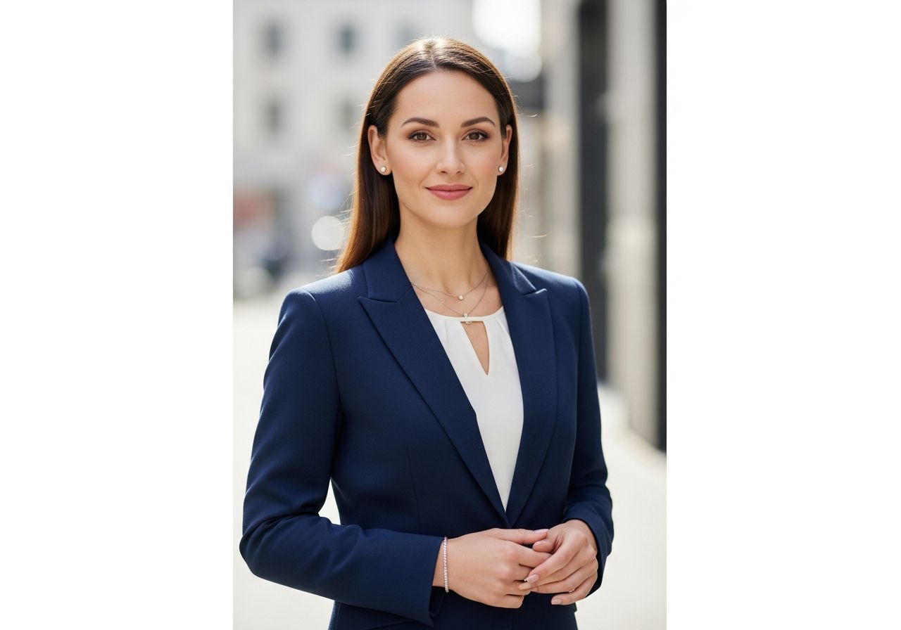 Pewna siebie businesswoman w granatowej marynarce i białej bluzce na tle miejskiego krajobrazu