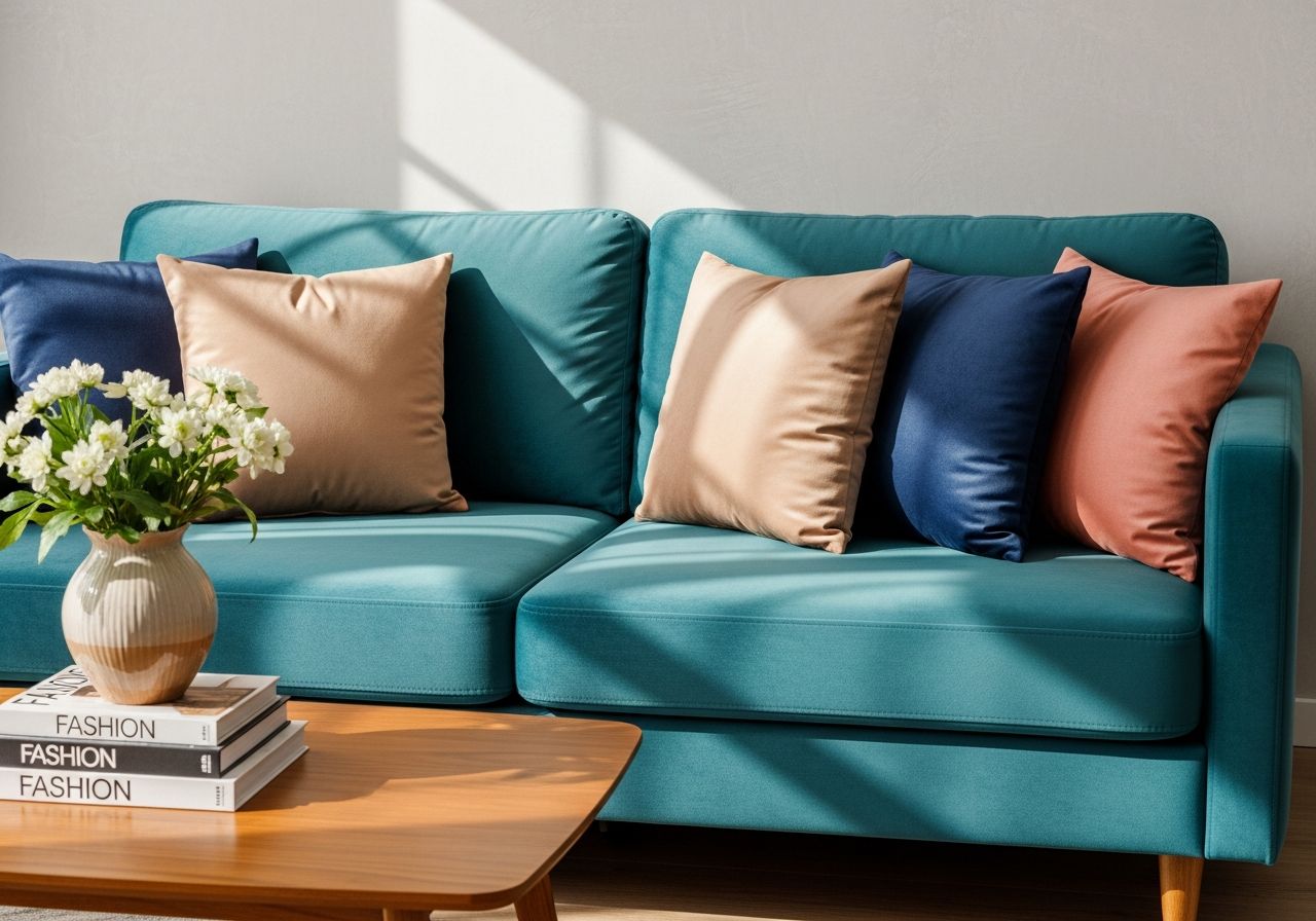 Turkusowa welurowa sofa z poduszkami obok drewnianego stolika i wazonu z kwiatami przy szarej ścianie.