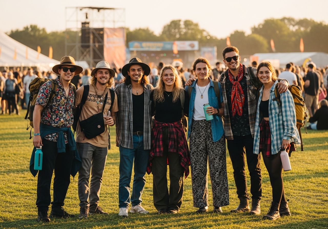 Grupa przyjaciół na festiwalu muzycznym w plenerze podczas złotej godziny, w tle sceny i tłum.