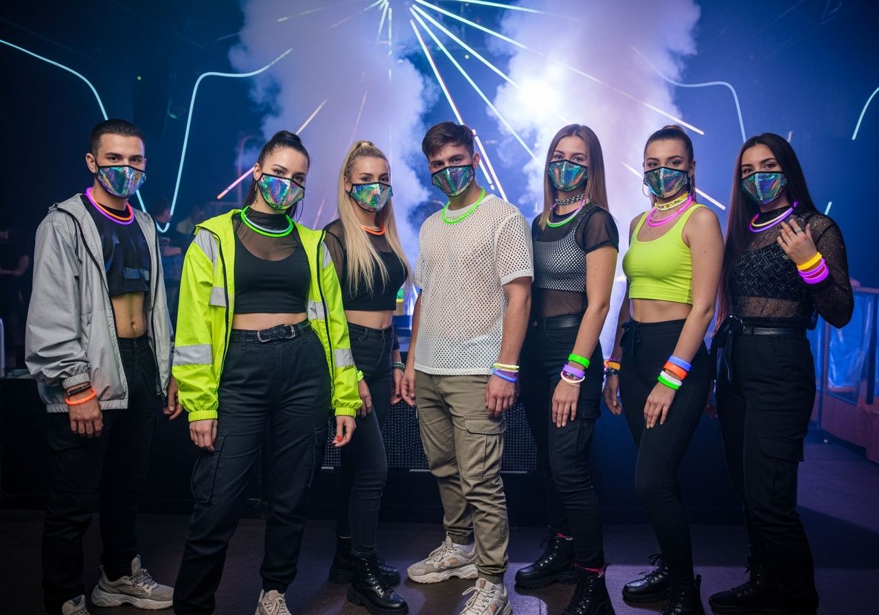 Młoda grupa na imprezie techno w futurystycznej odzieży, neonowe światła i dym w klubie.