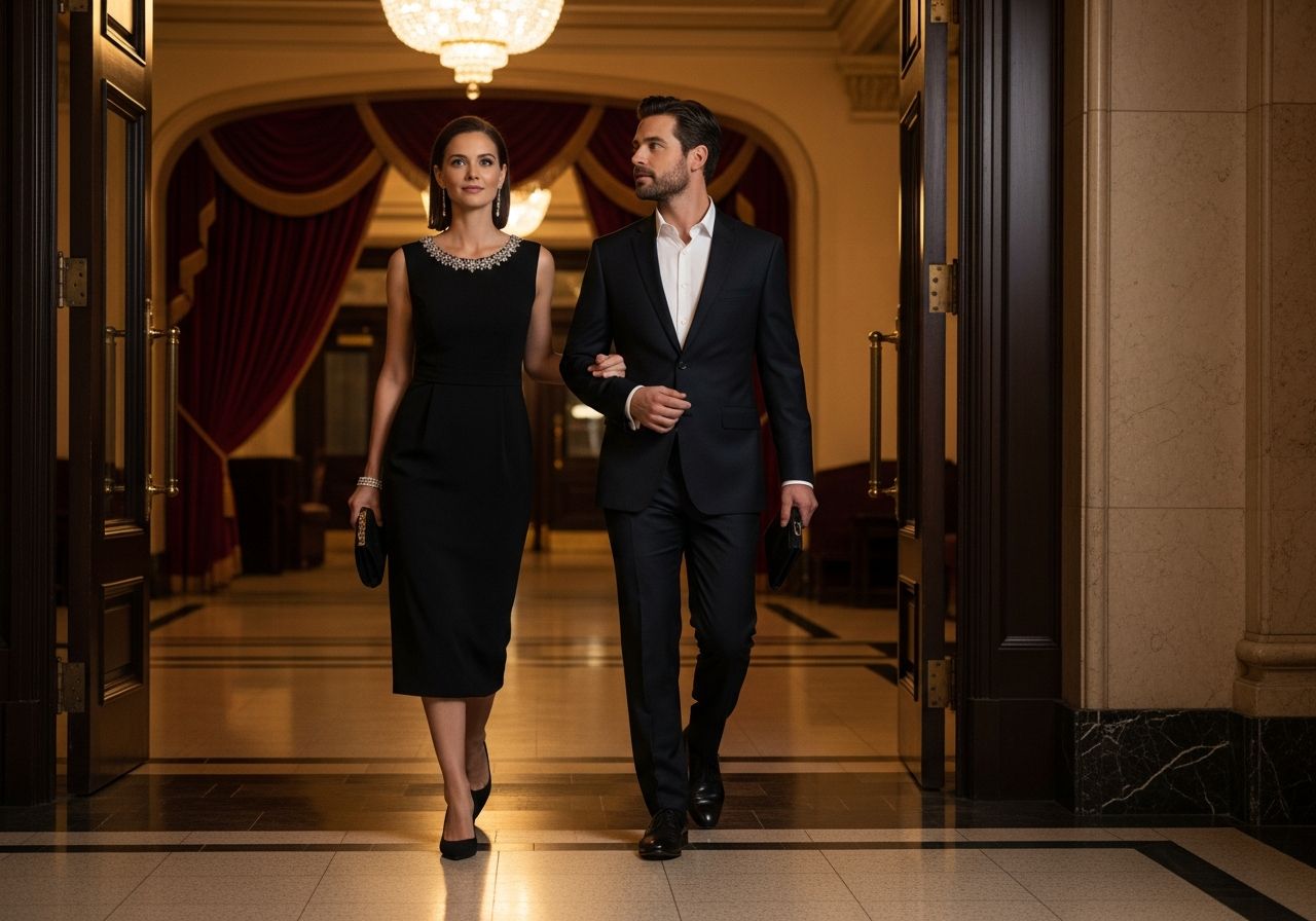 Elegancka para wchodzi do teatru na wieczorny spektakl, otoczona ciepłym światłem i bogatym wnętrzem.