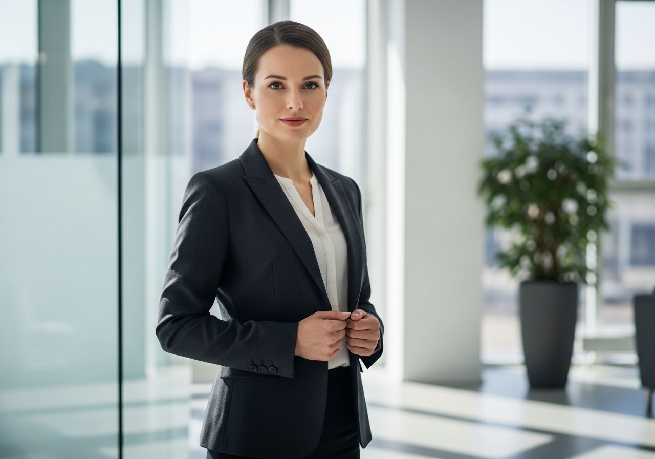 Profesjonalna bizneswoman w eleganckim stroju stoi pewnie w nowoczesnym, jasnym biurze