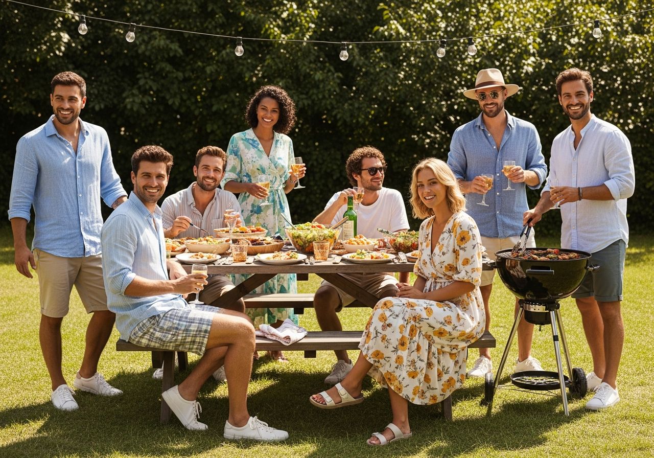 Grupa przyjaciół bawiących się na letnim grillu przy piknikowym stole w słonecznym ogrodzie