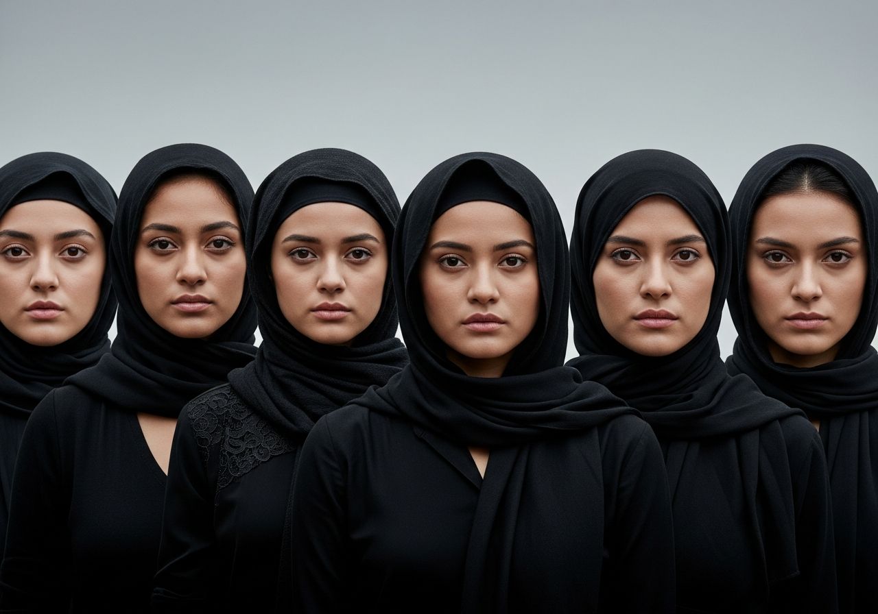 Zbliżenie osób w tradycyjnym stroju żałobnym z różnych kultur, o poważnych wyrazach twarzy
