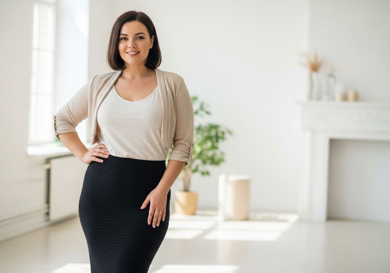 Pewna siebie kobieta plus size stoi w jasnym wnętrzu, ubrana w dopasowany strój podkreślający sylwetkę.