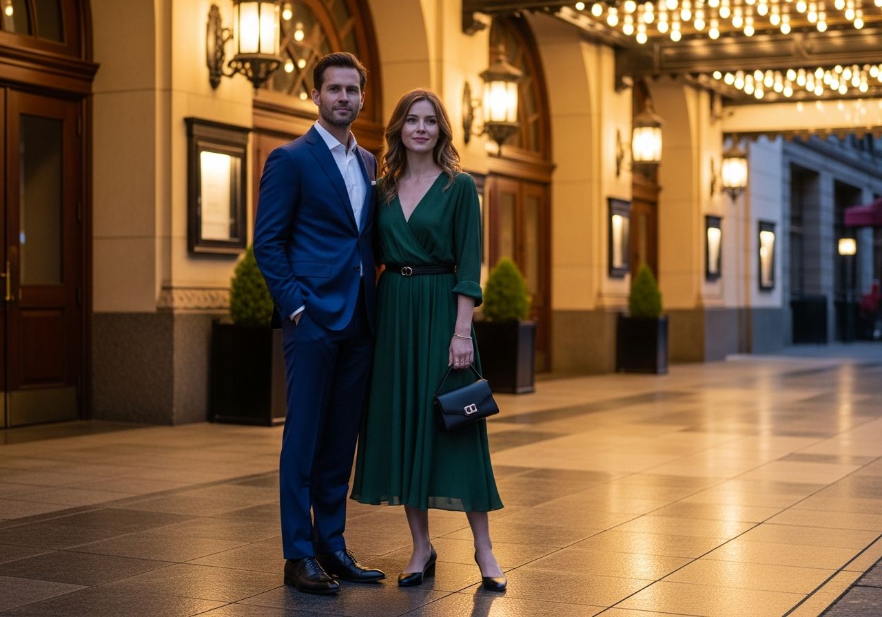 Mężczyzna i kobieta w eleganckich strojach stoją przed klasycznym wejściem teatru o zmierzchu.